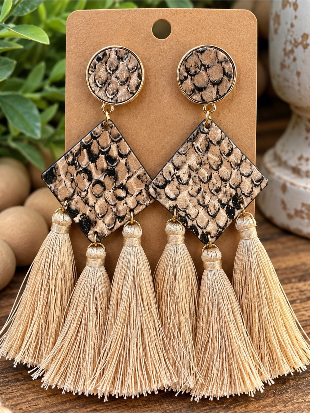 Beige Snake-Print Tassel Drop Earrings - Unbranded
